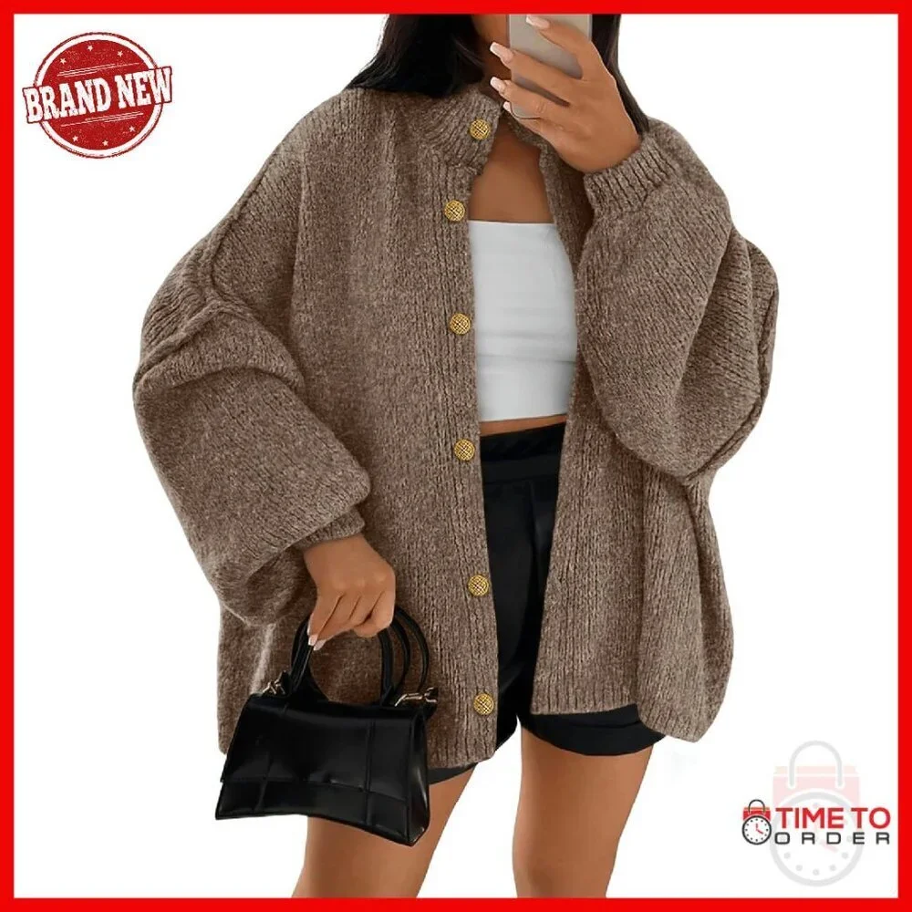 Oversized Chunky Knit Cardigan Lantern Sleeves Button Down Cozy
